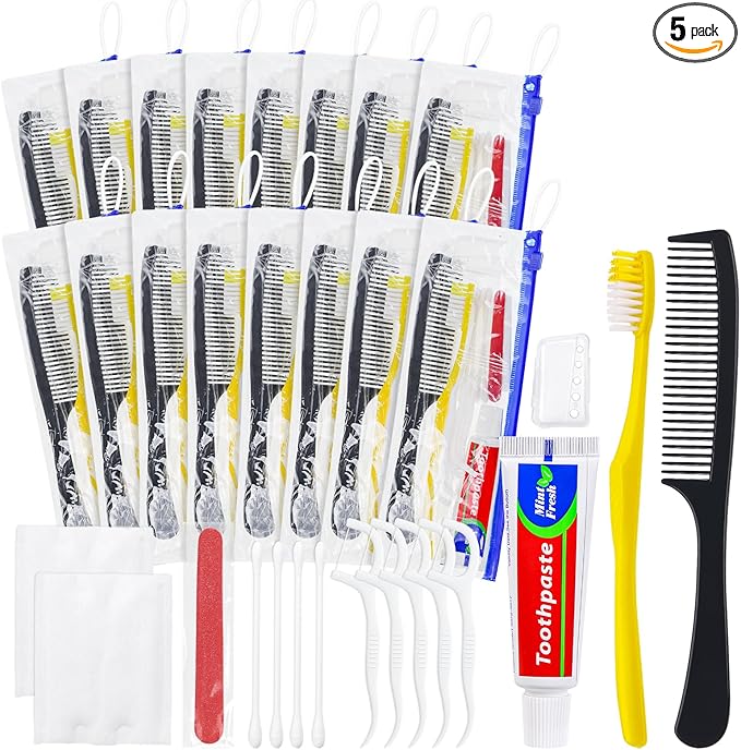 Personal Hygiene Kit Bulk Pack of 5,Yellow Disposable Toothbrushes with Toothpaste Floss Comb Cover and Hotel Vanity Set Basic Travel Toiletry Kit Supplies for Homeless,Charity,Guests