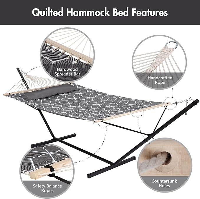 ANOW Double Hammock with Stand Included, 2 Person Hammock with Stand for Outside, 450 LBS Weight Capacity, Gray Cube