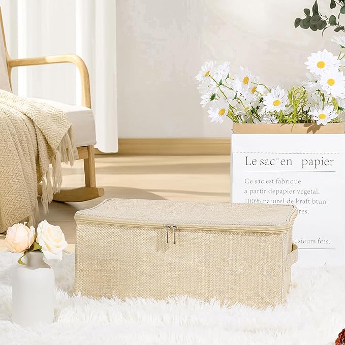 ANMINY Storage Bins with Zipper Lids 13 Qt Lidded Fabric Storage Boxes Baskets Cubes with Handles Collapsible Washable Cotton Linen Closet Shelf Clothes Organizer Containers - Beige, Small