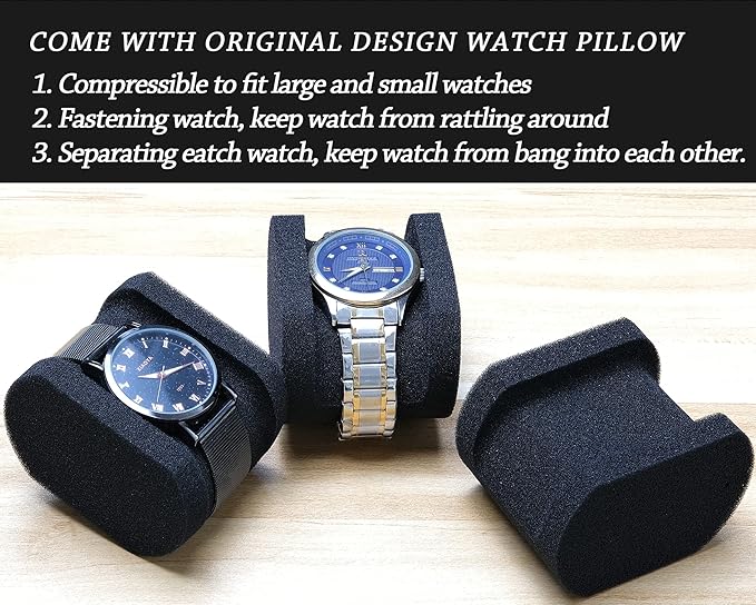 5 slots Hard men's watch travel case, Portable zipper storage organizer box with soft compressible foam pillow to fit large and small watches(Black, 5slot)