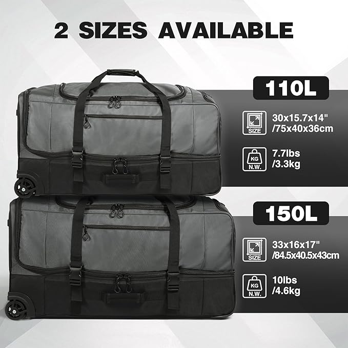 REDCAMP Large Rolling Duffle Bag with Wheels and Handle, 30-Inch Durable Heavy Duty Wheeled Travel Duffel Luggage, 2 Layers of Space