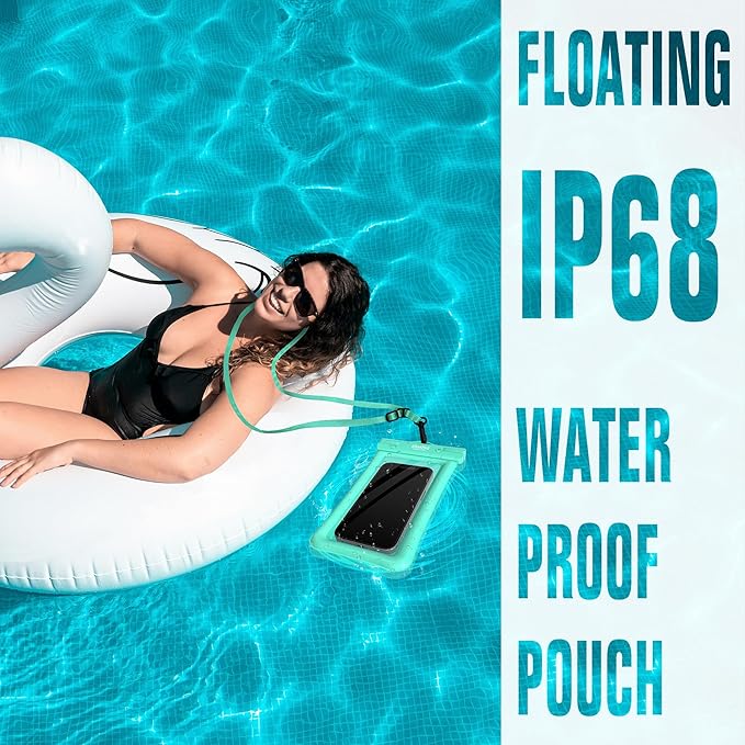 NEPHI IP68 Waterproof Phone Pouch 2 Pack-Up to 8.0"，Adjustable Neck Lanyard Floating Waterproof Phone Case for iPhone,Phone Dry Bags for Vacation Beach Pool Travel Essentials (Aqua Green White 2 pack)