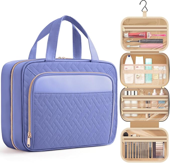HOTOR Travel Toiletry Bag for Women & Men, Waterproof Makeup Bag with Hanging Hook and Multiple Pockets, Cosmetic Bags for Women, Travel Essentials, 11.2'' x 3.2'' x 8.9'', Aegean-Blue