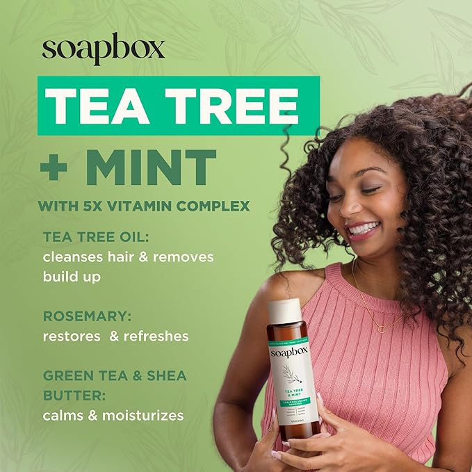 Soapbox Tea Tree Shampoo, Harsh Sulfate Free, Paraben Free, Silicone Free, Color Safe, and Vegan Hair Shampoo (33.8 Ounces)