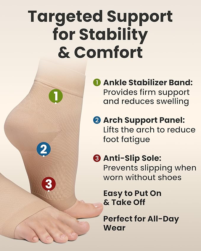 KEMFORD Ankle Compression Sleeve - Plantar Fasciitis Braces - Open Toe Compression Socks for Swelling, Sprain, Neuropathy, Foot Arch Support for Men and Women - 15-20mmhg, M, Beige