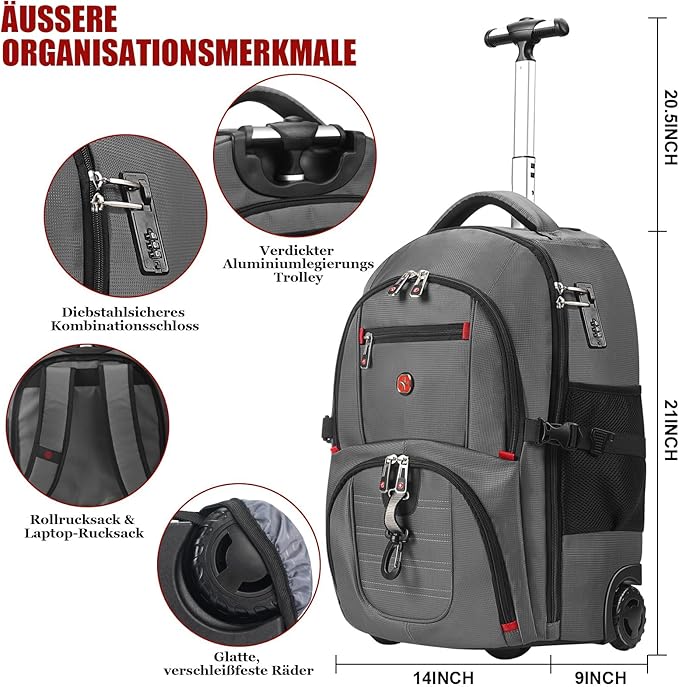star cloud 21x14x9 Rolling Backpack with Wheels - Water-Resistant, 17.3" Laptop Compartment, Ideal Carry-On for Overnight Travel, College, Work - Wheeled Business Backpack for Adults