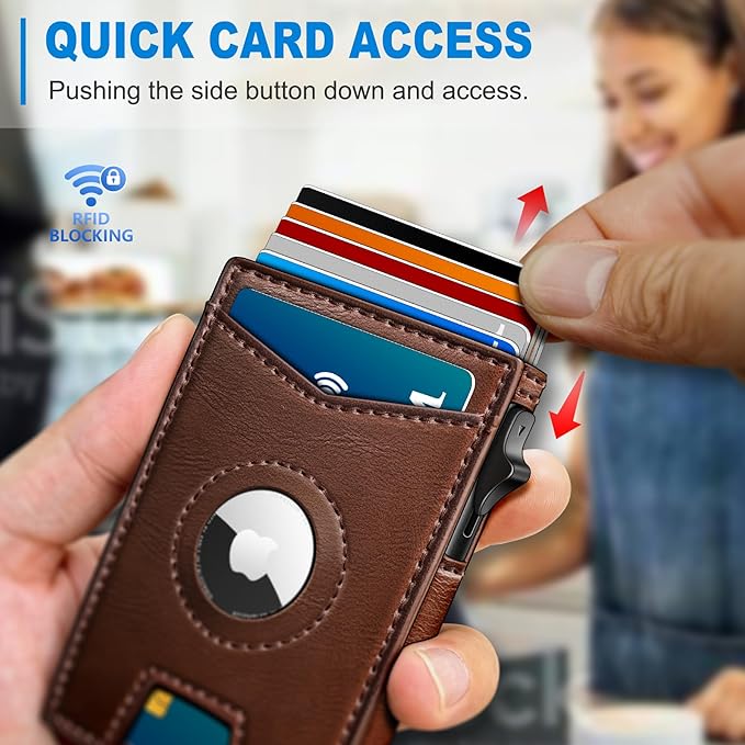 Airtag Wallet for Men,with Money Clip Gift Boxed,Slim Front Pocket Wallet RFID Blocking Metal Case Smart Pop-up Credit Card Holder in Magnetic Leather Flip
