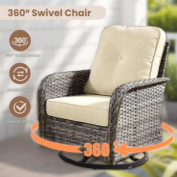 HOOOWOOO Patio Furniture Set,7 Pieces Outdoor Conversation Set,All Weather Wicker Loveseat Sofa Set with High Back Swivel Rocking Chairs Tables,Beige
