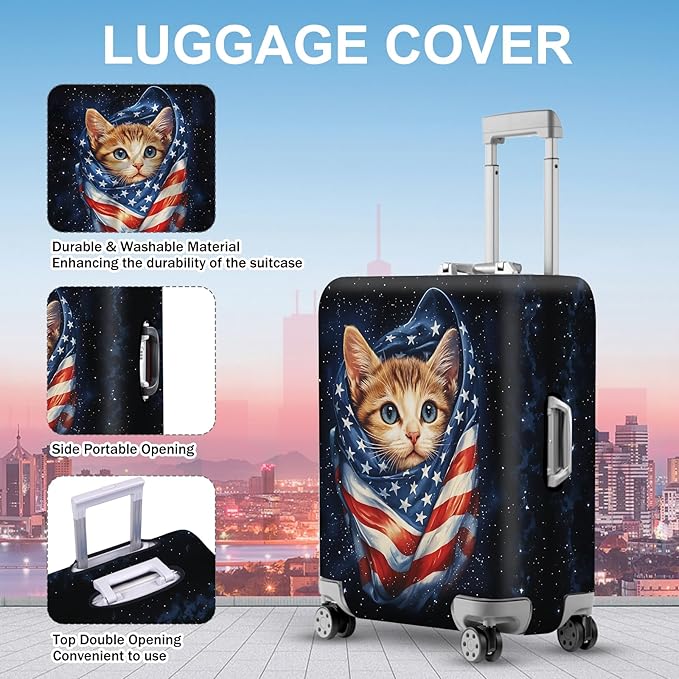 ANNA QUEEN Cute Patriotic Cat Luggage Cover, American Flag Suitcase Protector, Stretchable, Washable Travel Cover for 20-22 Inch Luggage