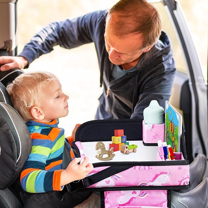 Kids Travel Tray, Car Seat Tray for kids Travel, Toddler Road Trip Essentials With Drawing Kit, Toddler Lap Desk Organizer for Car, Carseat Table for Airplane