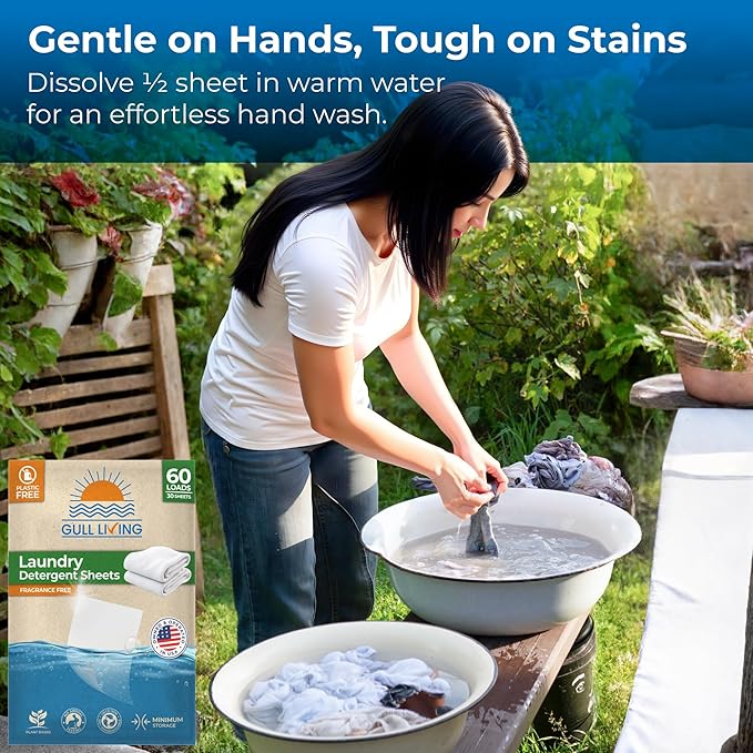 Gull Living Home Travel Laundry Detergent Sheets - 60 Loads Pack - Eco Laundry Detergent Sheets Unscented - Tackles Tough Stains - Travel Friendly