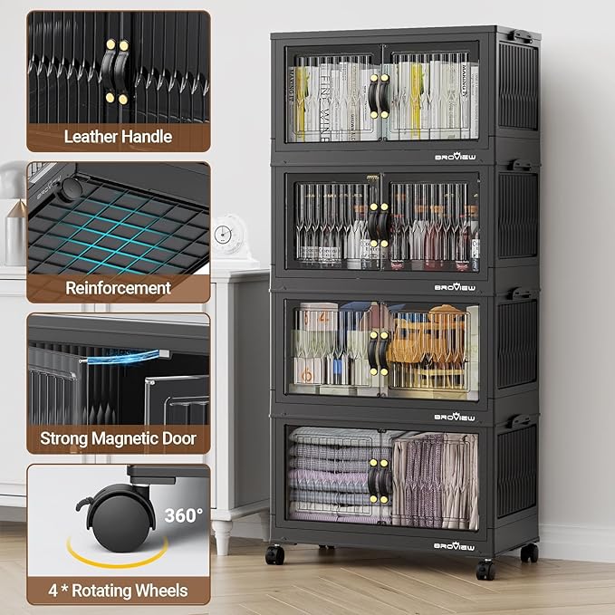 BROVIEW 240Qt Stackable Storage Bins with Lid, Extra Large Closet Organizer Collapsible Drawer Boxes with Wheels, Folding Plastic Cabinet Containers for Home Kitchen Room Organization, 4Pack Black