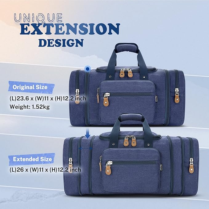 Gonex Canvas Duffle Bag for Travel 60L Expandable Duffel Weekend Overnight Bag men (Blue)