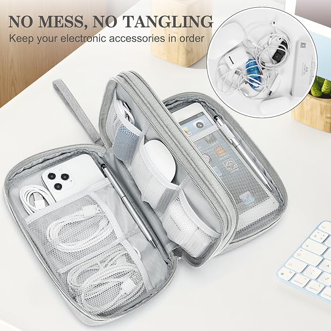 FYY Electronic Organizer, Large Travel Cable Organizer Bag Pouch Electronic Accessories Carry Case Portable Waterproof Double Layers All-in-One Storage Bag for Cable, Cord, Charger, Phone, Grey