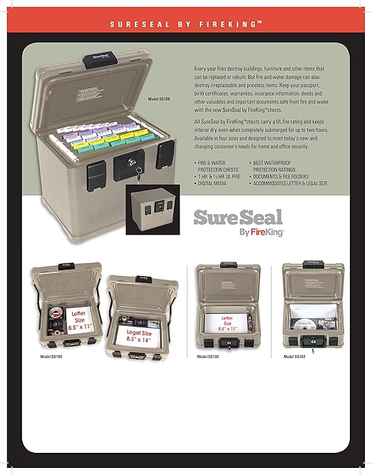 FireKing SureSeal Fire Safe with Key Lock, 1 Half Hour Fire Rated, UL Rated & 100 Hour Water Resistant Home Safe, Portable Home Safes, Taupe
