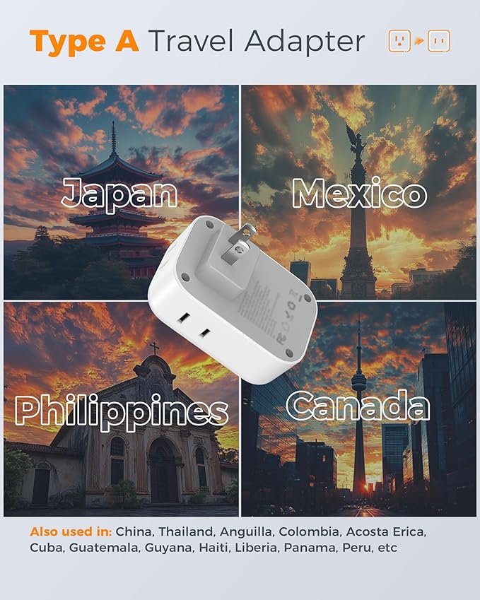 US to Japan Plug Adapter 2 Pack, TESSAN 2 Prong to 3 Prong Outlet Adapter with 4 Outlets 3 USB (1 USB-C), Outlet Adaptor US to Japan China Mexico Philippines Canada Peru Thailand Vietnam