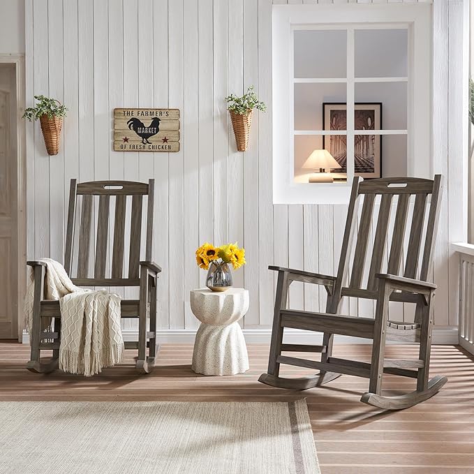 Psilvam Outdoor Rocking Chair Set of 2, Poly Lumber Oversized Rocking Chair with 21" Wide Seat and 32" Tall Backrest, Pre-Assembled with Most Components for Effortless Installation(Light Gray)