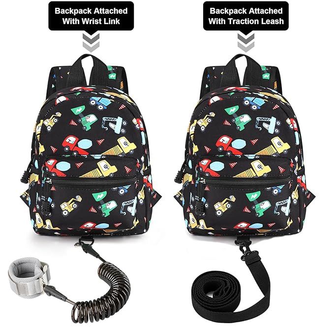 Accmor Toddler Harness Backpack Leash, Cute Excavator Kids Backpack with Anti Lost Wrist Link for Outdoor Walking, Mini Black Child Backpack Wristband Tether Leashes for Boys Girls Aged 1-3 Years Old