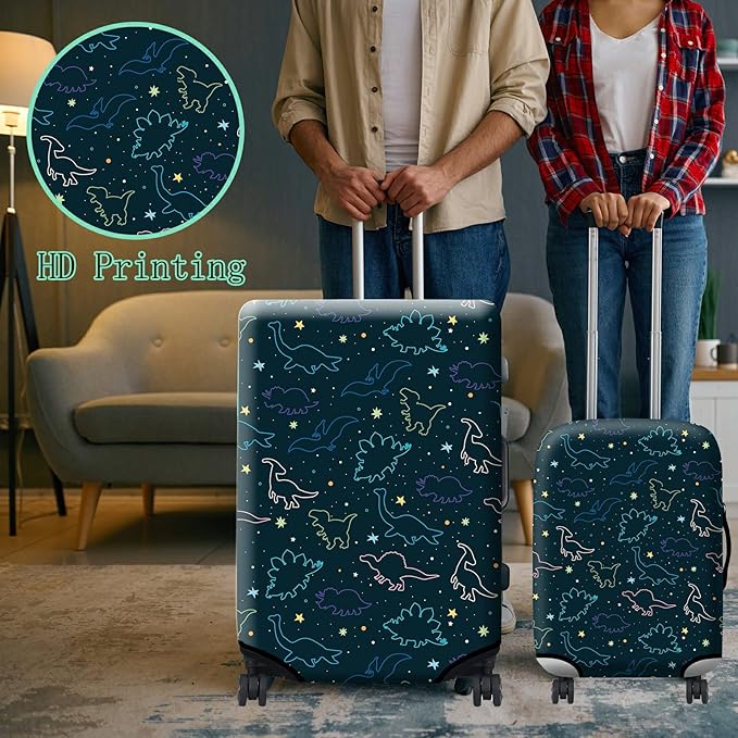 Luggage Cover Suitcase Protector Plus 1 Luggage Tag, Dinosaurs Space Travel Suitcase Cover Suitable for 29-30 inch Luggage (XL) with Concealed Zipper Washable Elastic Cloth Dustproof Anti-Scratch