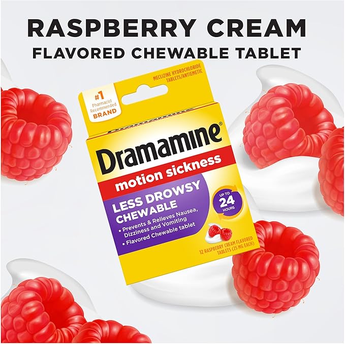 Dramamine Chewable Less Drowsy, Motion Sickness Relief, Raspberry Cream Flavor, 12 Count, 2 Pack