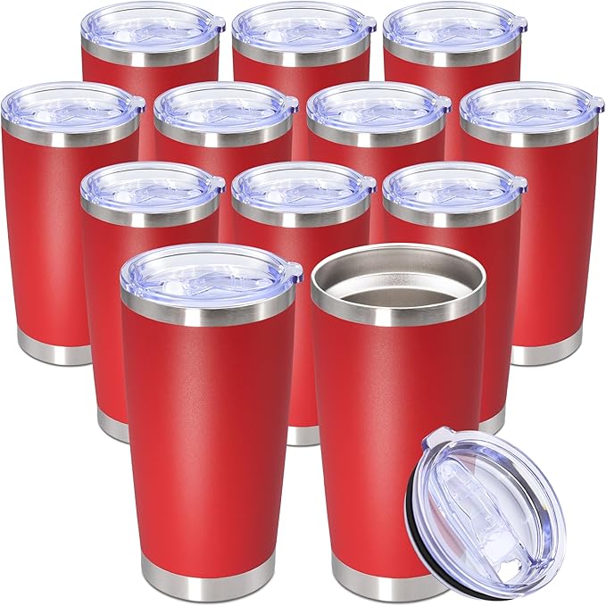 20oz Tumbler Bulk Stainless Steel Tumbler Cup with Lid Vacuum Insulated Double Wall Travel Mug, Durable Powder Coated Travel Coffee Tumbler Mug for Hot & Cold Drinks, Red,12 Pack