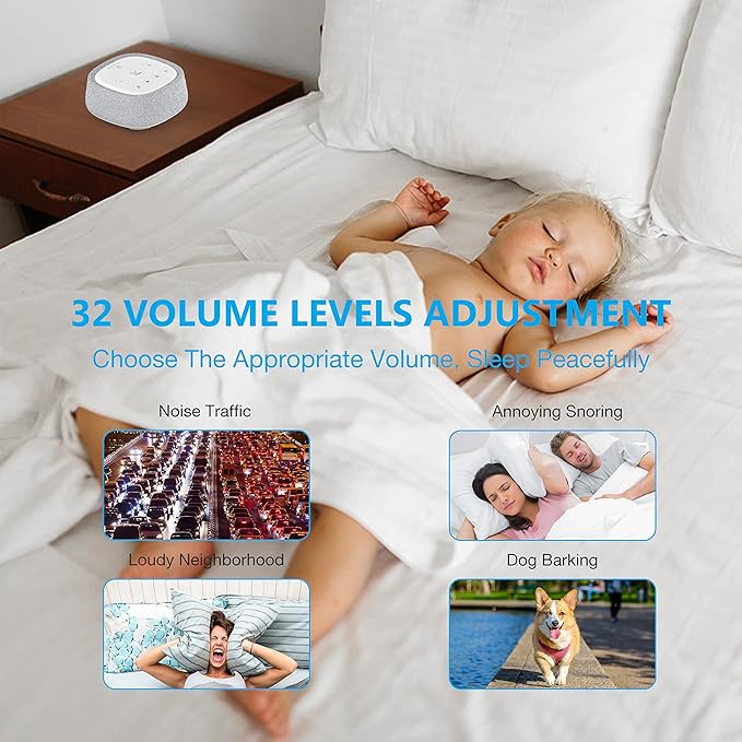 Rechargeable White Noise Machine with 28 Smoothing Sounds, Portable Sound Machine for Baby Kids Adult Sleeping, Auto-Off Timer, 32 levles of Volume Noise Machine Therapy for Home, Office, Travel