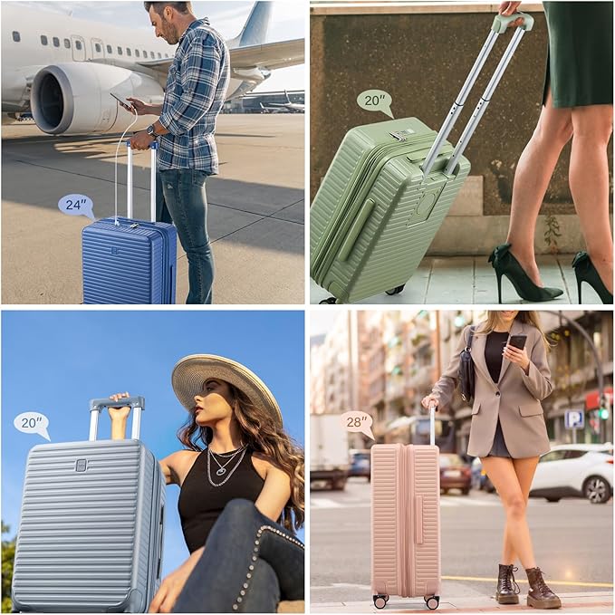 Hard Shell Suitcases Travel Expandable Luggage, 24 Inch Check in Luggage with Spinner Wheels Cup Holder Charger Built in, Checked Medium Suitcase Lightweight Suitcases, Black