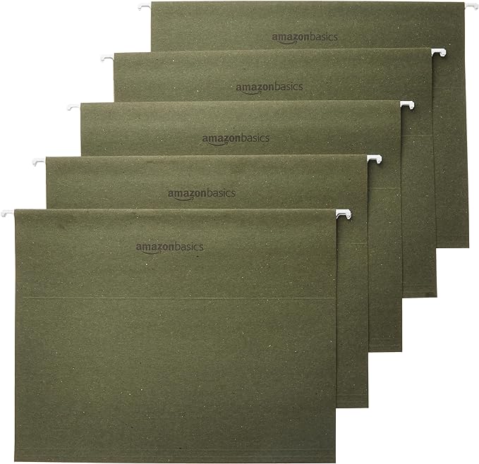 Amazon Basics Hanging Organizer File Folders for Efficient Filing, Sturdy, Adjustable Tabs, Letter Size, Pack of 25, Green
