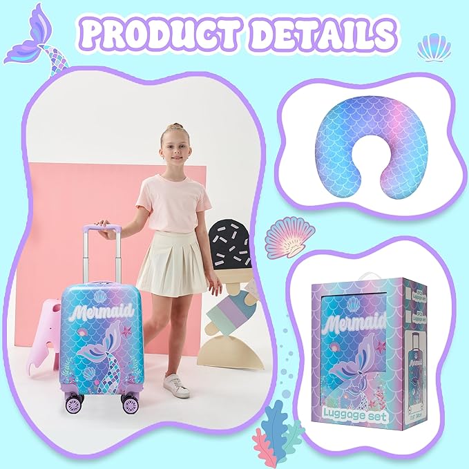 Cute Mermaid Kids Luggage Set 2 piece Kids Suitcase with Spinner Wheels 16" Childrens Luggage for Girls With Wheels Hard Shell Luggage Sets Airline Approved