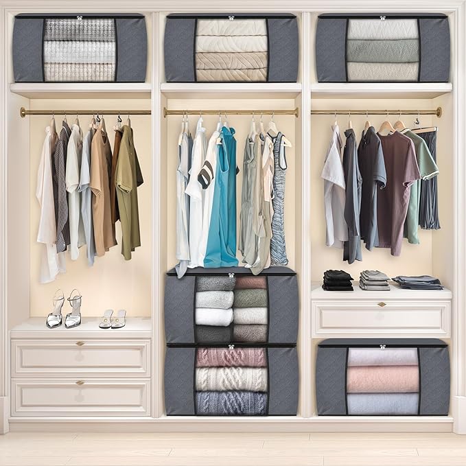Fab totes 24 Gallons Clothes Storage, Foldable Thick Fabric Blanket Storage Bags, Containers for Organizing Bedroom, Closet, Clothing, Comforter, Organization with Handle (6 Pack,Grey)