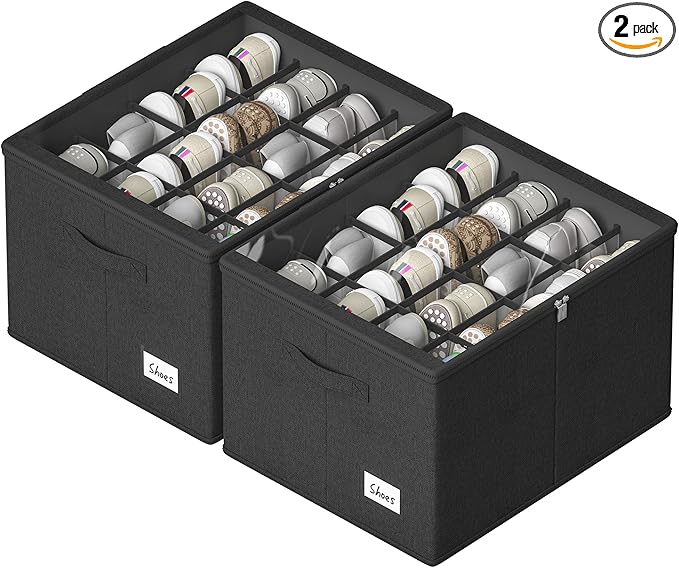 Shoe Organizer for Closet, 2 Pack Sturdy Shoe Storage Bins with Clear Cover, Fits 16-32 Pairs, Foldable Shoe Storage Box with Reinforced Handles (Black, 19.7 * 15.7 * 12.6in)