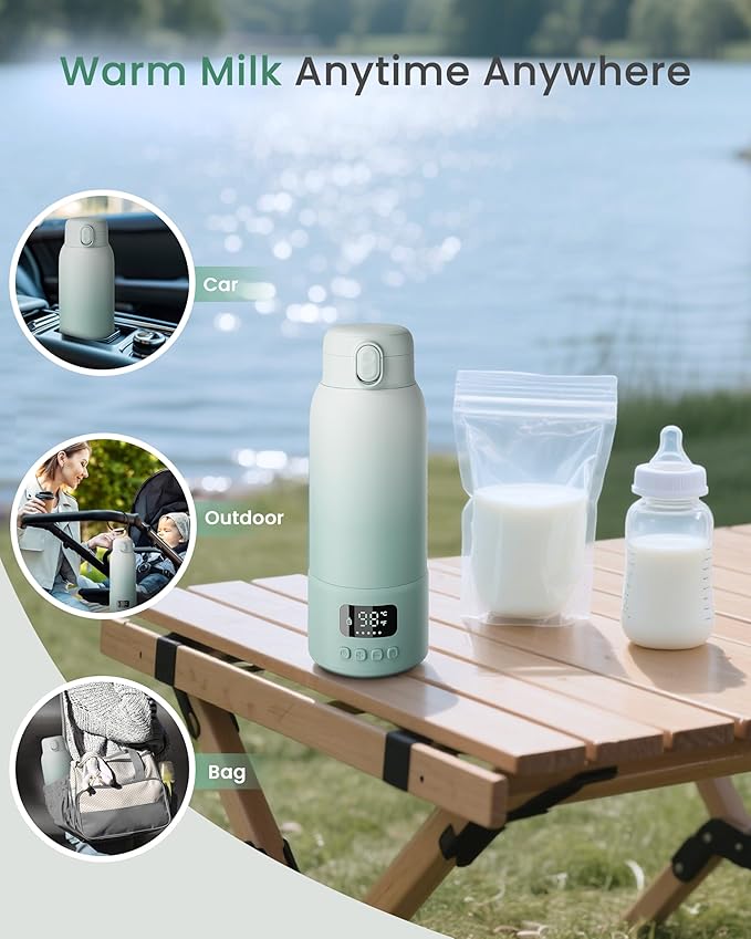 Extended Battery Life Portable Bottle Warmer - Dual Heating Modes for Breast Milk & Water, 17 Ounces, Fast Heating, Ideal for Travel, Outdoor, Baby Shower, Green