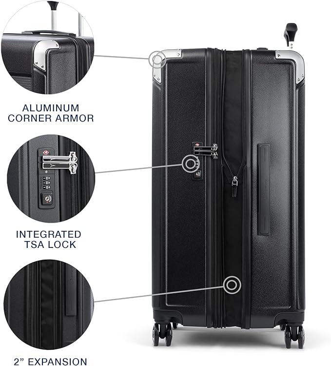 Travelpro Platinum Elite Hardside Expandable Checked Luggage, 8 Wheel Spinner, TSA Lock, Hard Shell Polycarbonate Suitcase, Shadow Black, Checked Large 28-Inch