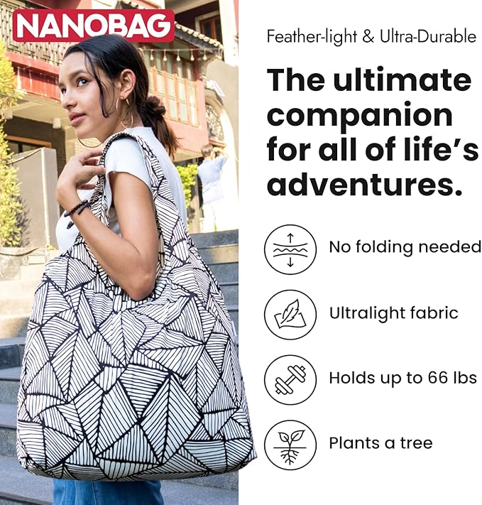 Nanobag Ultra-Lightweight Heavy Duty Foldable Tote for Women & Men, Reusable Grocery & Travel Bag, Packable Collapsible Compact Market Essential (XL Duck)