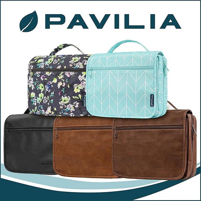 PAVILIA Hanging Toiletry Bag Women Men, Foldable Cosmetic Organizer Travel Bag, Water Resistant Makeup Bag Toiletries, Large Travel Essentials Kit (Dark Brown)