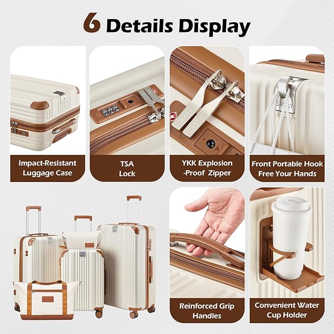 Luggage Set 3 Piece Luggage with PC+ABS Hardshell TSA Lock Spinner Wheels Carry on Lightweight Suitcase,Cup Holder,YKK Zippers (Beige, 5 piece sets(20/24/28/DB/TB))