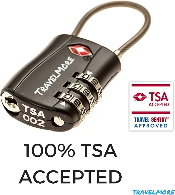 TSA Approved Travel Combination Cable Luggage Locks for Suitcases & Backpacks - 1 Pack of Black TSA Lock