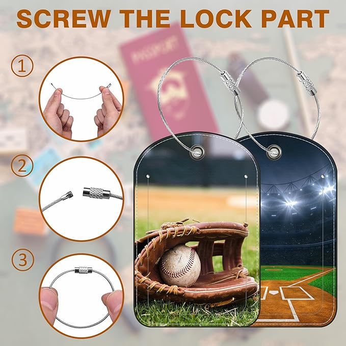 2 PCS Leather Luggage Tag for Suitcase Old Baseball and Glove on Baseball Grand Travel Suitcase Labels with Privacy Name ID Label and Stainless Steel Loop for Adults Teens Travel Bag Labels Set