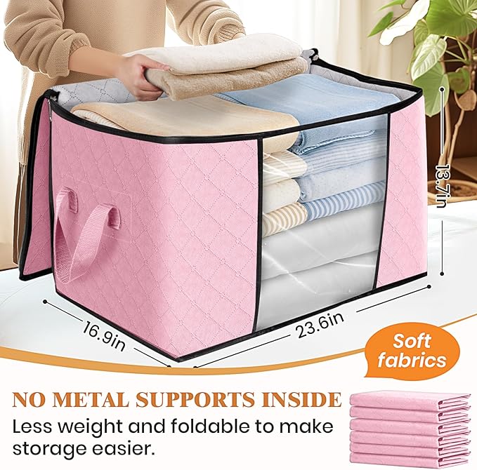 Fab totes 24 Gallons Clothes Storage, Foldable Thick Fabric Blanket Storage Bags, Containers for Organizing Bedroom, Closet, Clothing, Comforter, Organization with Handle (8 Pack,Pink)