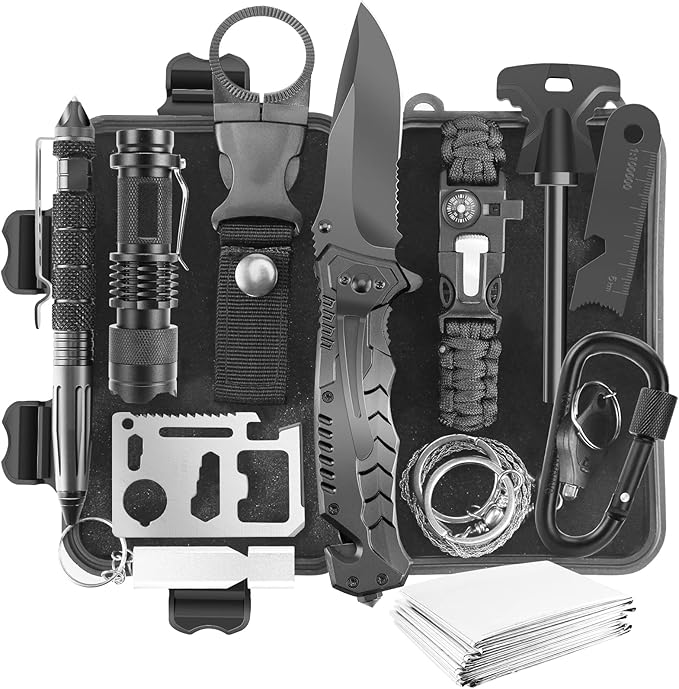 Survival Gear Kits Outdoor Survival Gear Tool for Trip,with Fire Starter, Whistle, Wood Cutter, Tactical Pen for Camping, Hiking, Climbing for Wilderness/Trip/Cars/Hiking/Camping