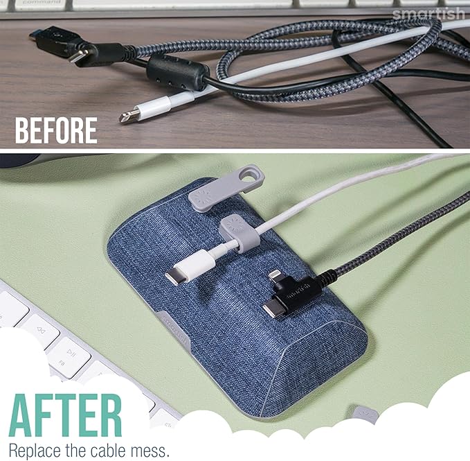 Smartish® Magnetic Cord Holder - Bigger Cable Wrangler Organizer with Magnet Clips for Charger Management on Desktop, Nightstand, or Side Table - Holds 6+ Cables - Blue Jeanie