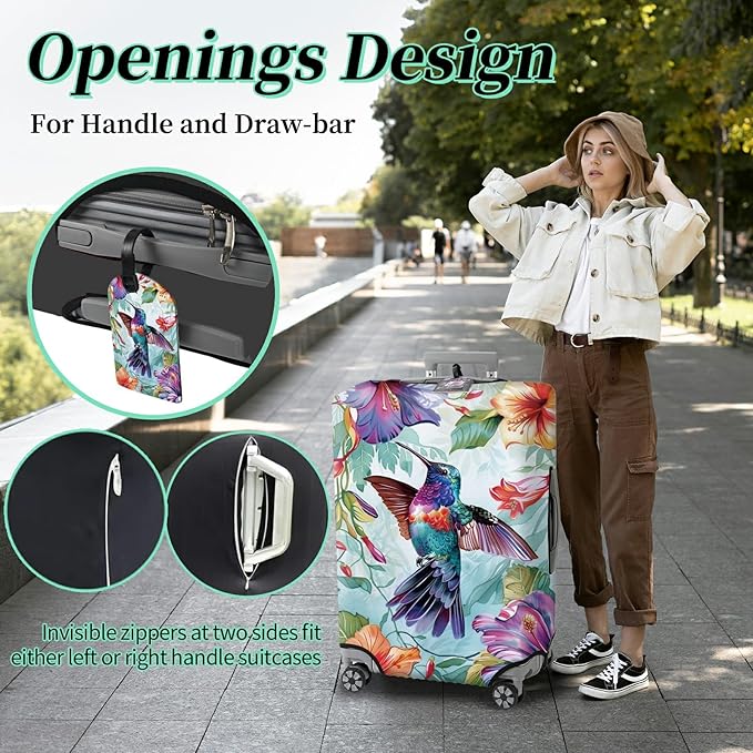 Luggage Cover Suitcase Protector Plus 1 Luggage Tag, Color Hummingbirds Travel Suitcase Cover for 26-28 inch Luggage (L) with Concealed Zipper Washable Elastic Cloth Dustproof Anti-Scratch