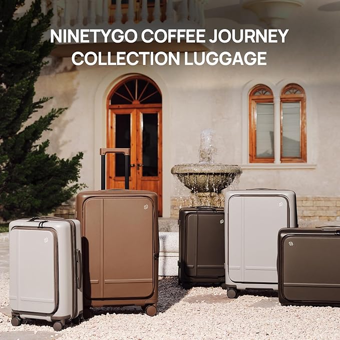 NINETYGO Medium Checked Luggage 25 Inch, Flat Top Opening Checking In Luggage with Cup Holder, Expandable, Coffee-Infused PC Hard Shell, Eco-Friendly, TSA Lock, 360° Spinner Wheels (Americaco)