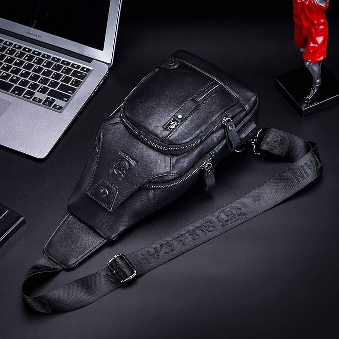BULLCAPTAIN Leather Sling Bag Mens Chest Bag Casual Shoulder Crossbody Bags Travel Hiking Backpacks Daypack with USB Charging Port (Black)