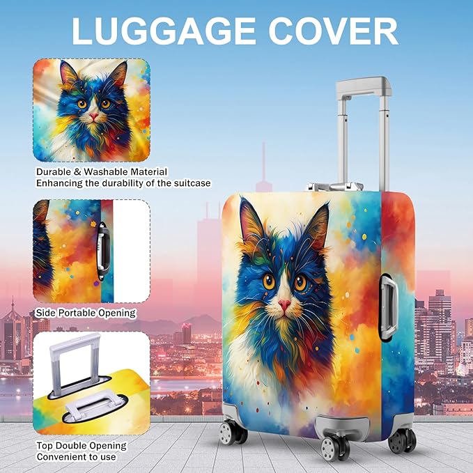ANNA QUEEN Colorful Cat Luggage Cover, Artistic Blue Cat Design with Rainbow Colors, Stretchable, Washable Travel Sleeve for 24-26 Inch Suitcases