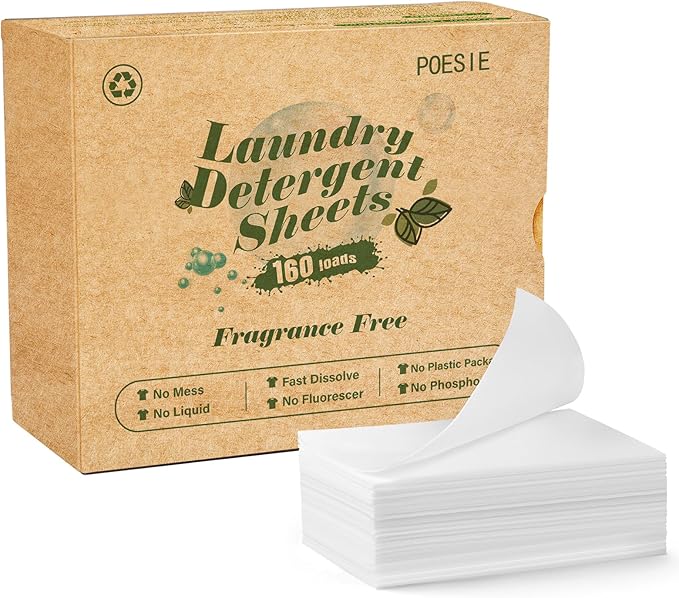 Poesie Laundry Detergent Sheets Fragrance Free Non-Plastic Precut Zero Waste 160 Count Liquidless Washing Strips for Home Dorm Travel Camping Hiking Portable