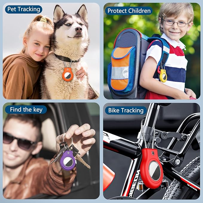 Waterproof Airtag Holder,4 Pack Airtag Case with Secure Lock,Airtags Keychain for Apple Air tag,Anti-Lost Protective Case Air tag Accessories for GPS Tracker Luggage,Key,Pet-Red/Purple/Orange/Yellow