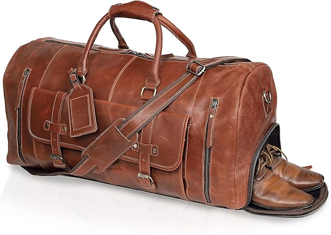 Duffle Leather Travel Bag for Women Men Gym Sports Overnight Weekend Airplane Cabin Bag 28 Inch Large Size Travel Bag with Shoe Compartment by Cureo