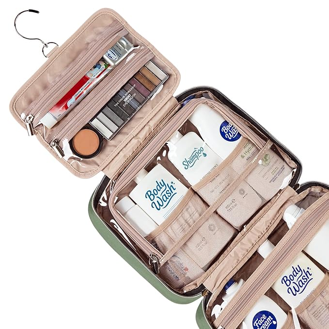 NISHEL Large Double Layer Travel Makeup Bag Women, Cosmetic Case, Organizer for Travel-Size Accessories Bottles, Brushes, Conditioner, and Skin Care Products, Bronze Green