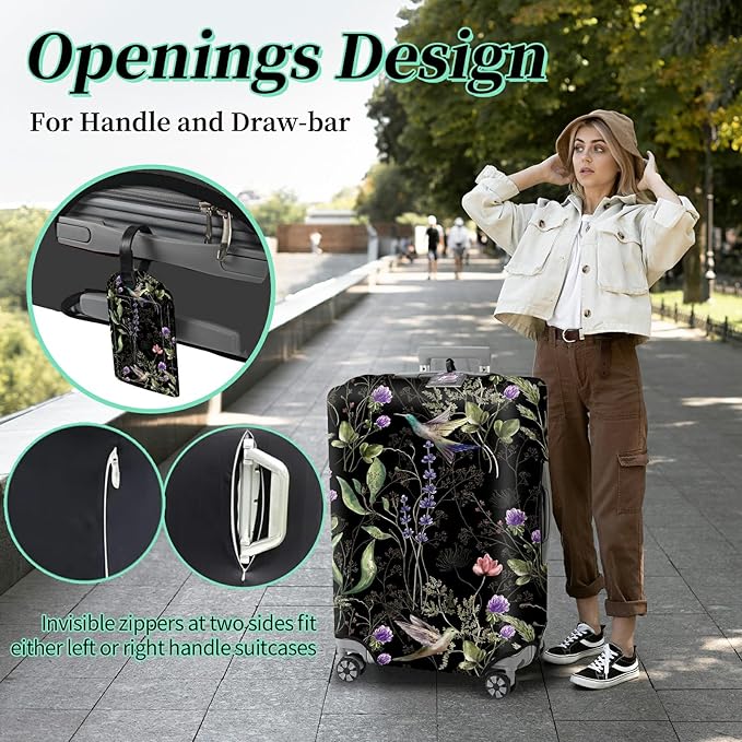 Luggage Cover Suitcase Protector + Luggage Tag, Wild Flowers Hummingbird Travel Suitcase Cover for 29-30 inch Luggage (XL) with Concealed Zipper Washable Elastic Cloth Dustproof Anti-Scratch
